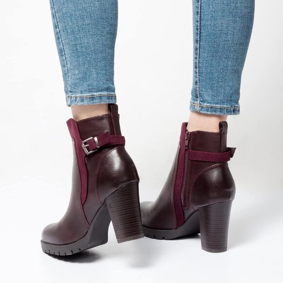 Women's Burgundy Ankle Boots Chunky Stacked Heel Side Zipper Classic Boots - Picture 4 of 6